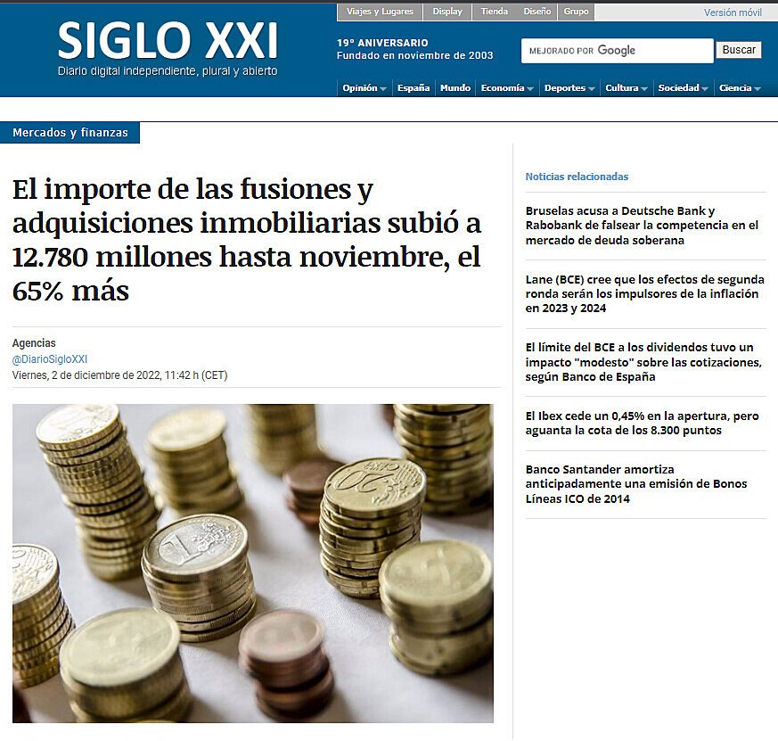 El importe de las fusiones y adquisiciones inmobiliarias subi a 12.780 millones hasta noviembre, el 65% ms